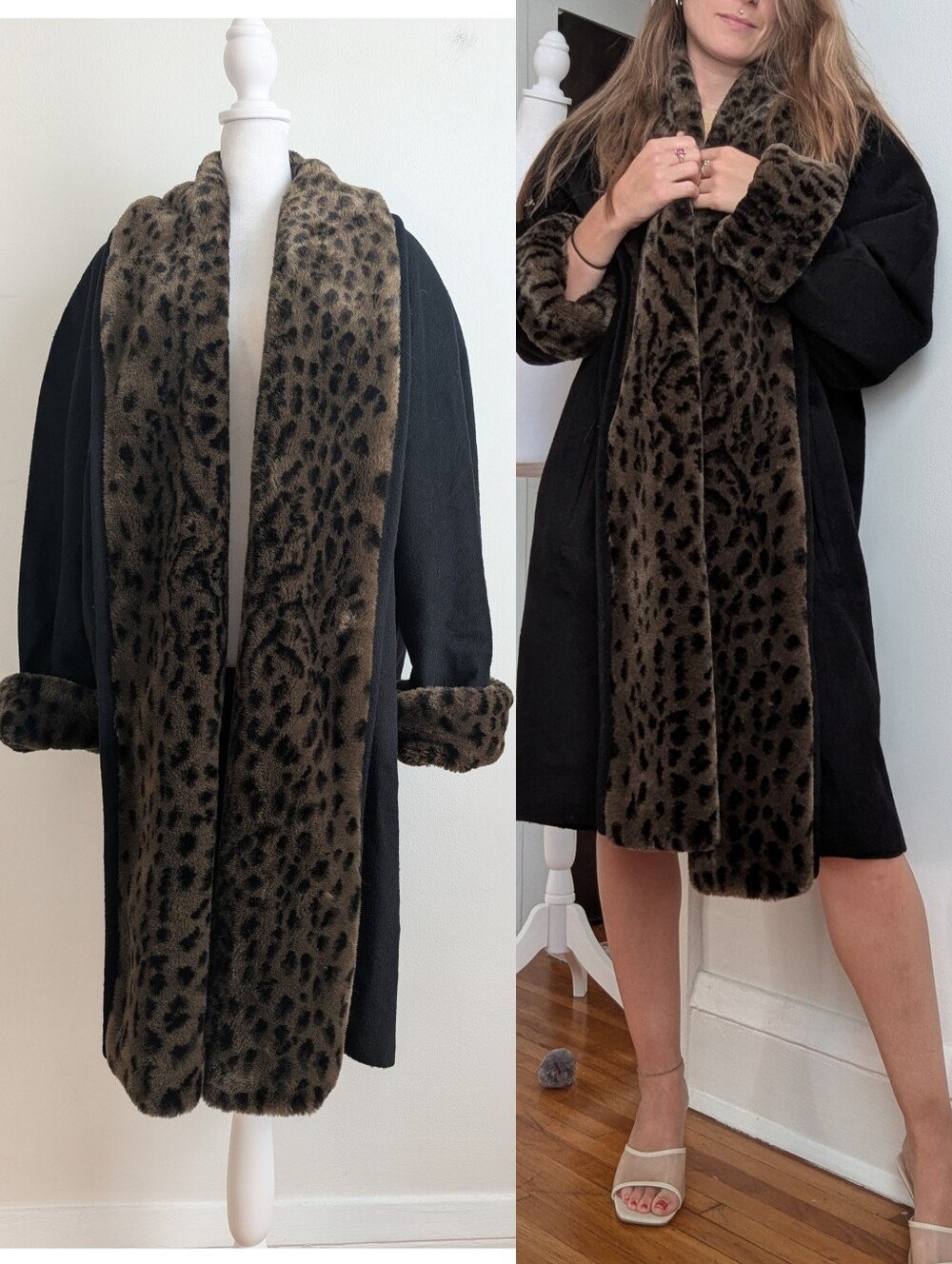 The Limited Vintage Wool Oversized Leopard Faux Fur Trim Coat Size M Mob Wife